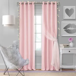 Elrene Home Fashions Aurora Kids Sheer Sparkle Overlay Blackout Window Curtain Panel, Soft Pink, 52"x95"