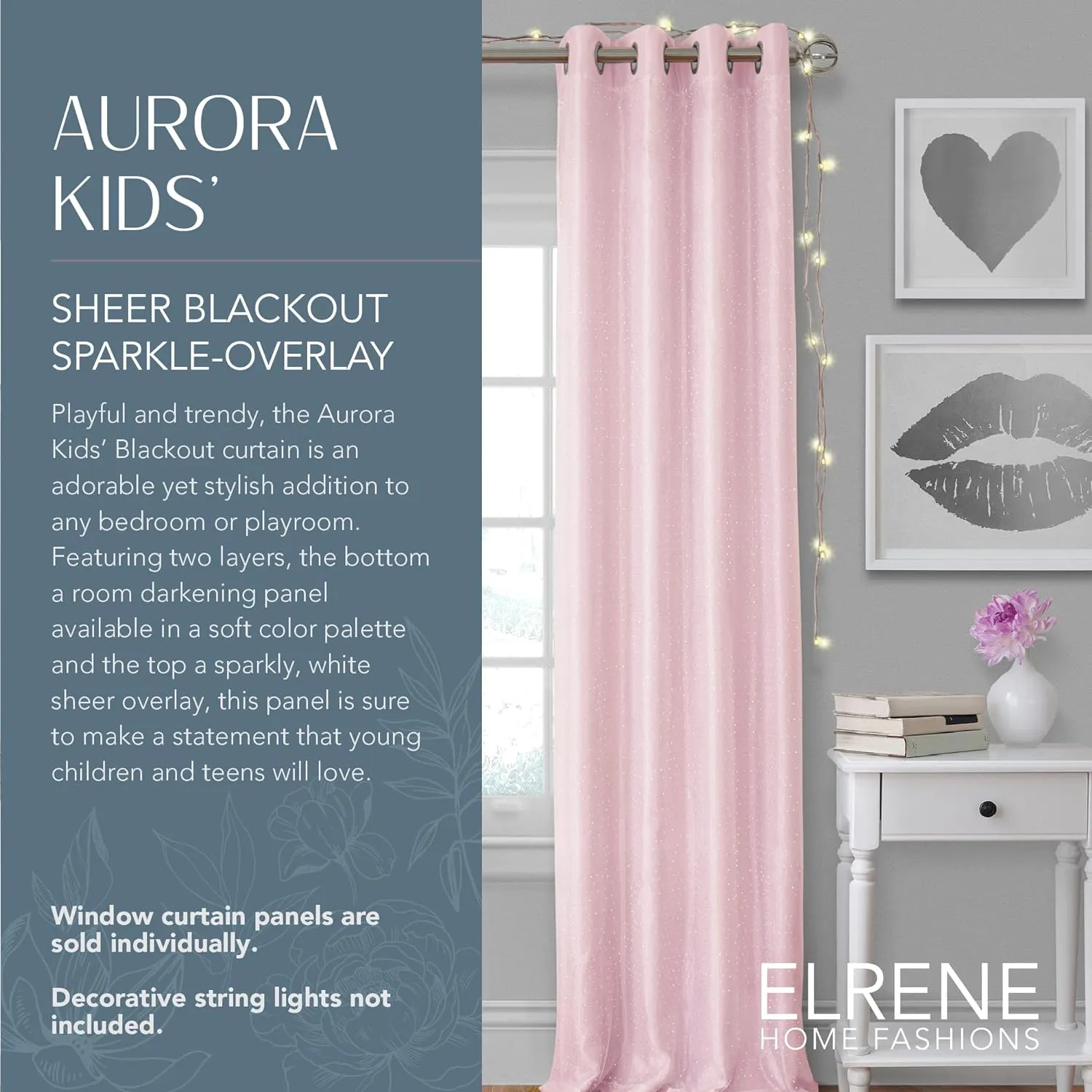 Elrene Home Fashions Aurora Kids Sheer Sparkle Overlay Blackout Window Curtain Panel, Soft Pink, 52"x95"