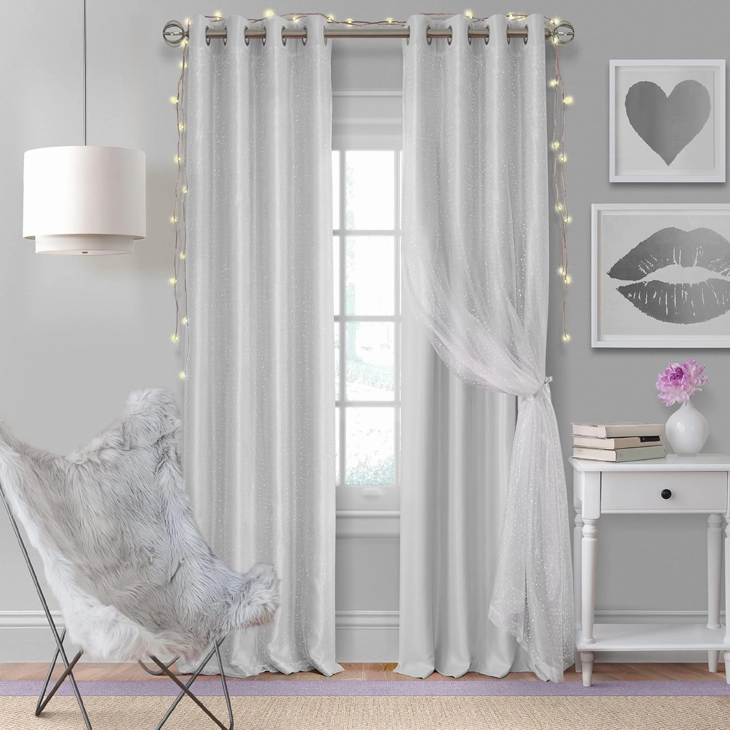 Elrene Home Fashions Aurora Kids Sheer Sparkle Overlay Blackout Window Curtain Panel, Pearl Gray, 52"x95"
