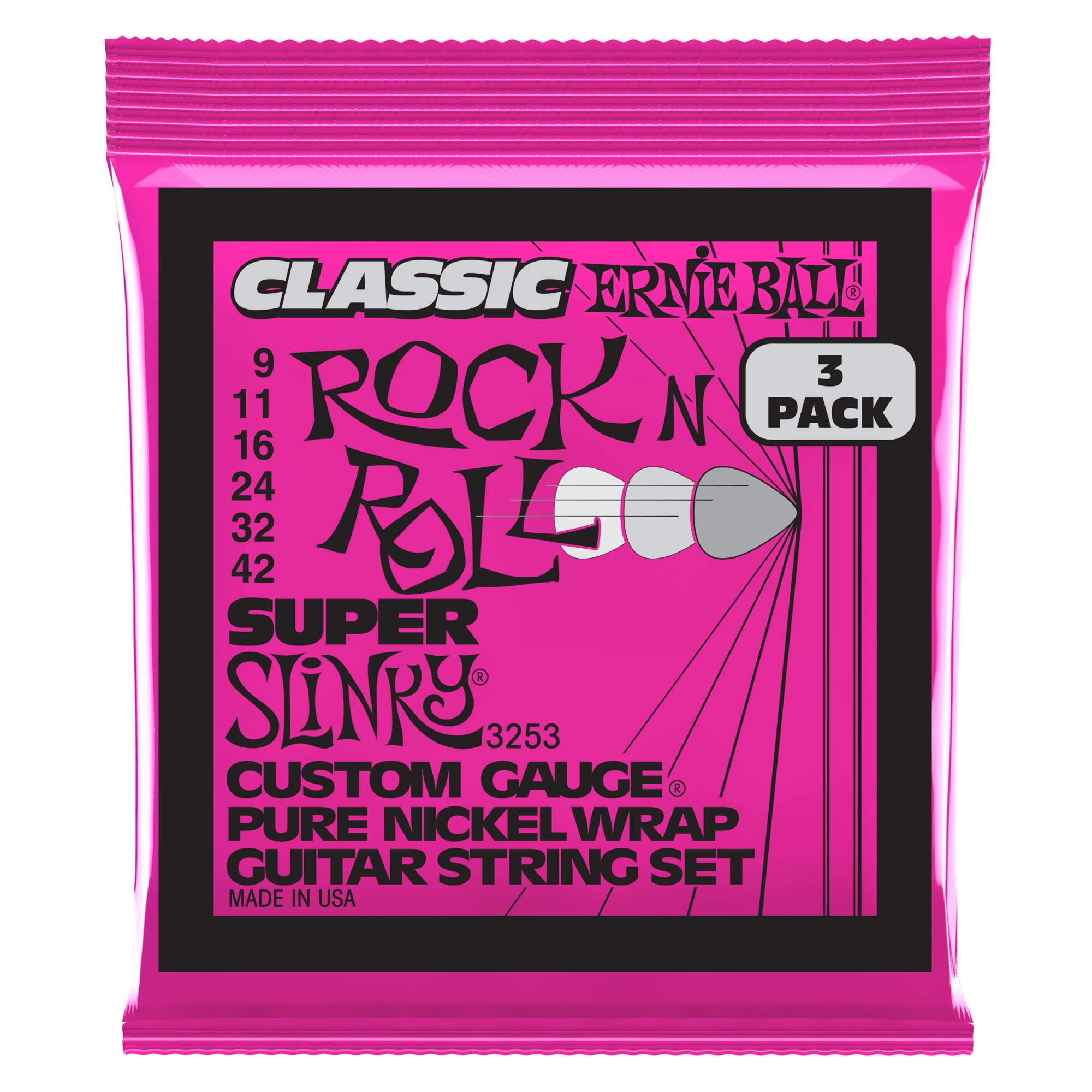 Ernie Ball Super Slinky Classic Rock n Roll Pure Nickel Electric Guitar Strings Set - 9-42 / 3-Pack