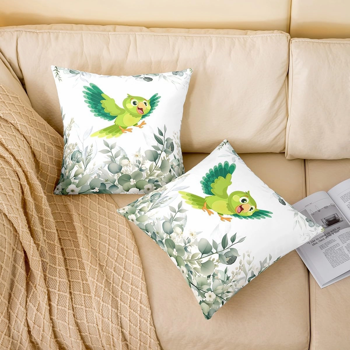 Erosebridal Cute Bird 18x18 Throw Pillow Cover,Boys Cartoon Animal Pillow Cover,Kawaii Wildlife Plants Cushion Cover,Minimalist Eucalyptus Decorative Pillow Cover for Kids Girls