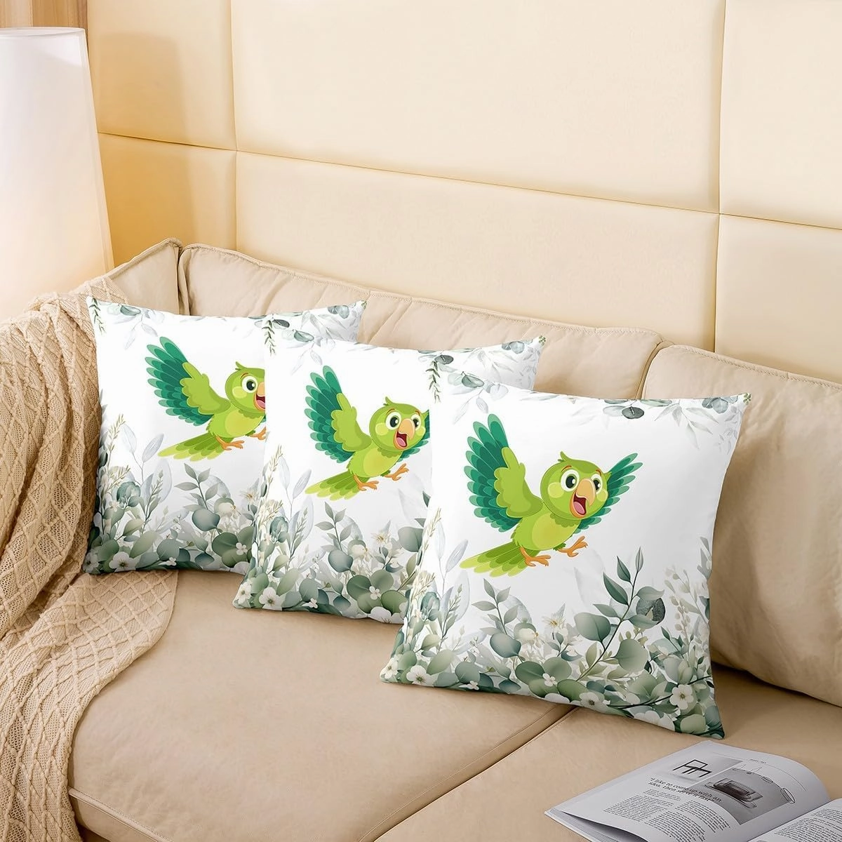 Erosebridal Cute Bird 18x18 Throw Pillow Cover,Boys Cartoon Animal Pillow Cover,Kawaii Wildlife Plants Cushion Cover,Minimalist Eucalyptus Decorative Pillow Cover for Kids Girls