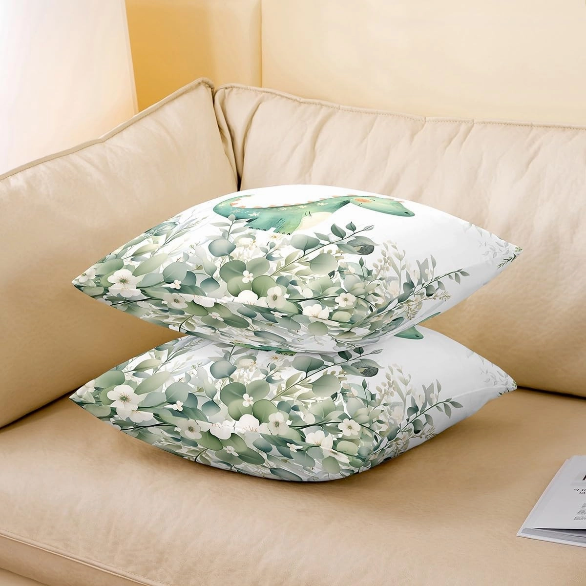 Erosebridal Pack of 2 Kids Cartoon Dinosaur Pillow Covers 18x18,Cute Magical Animal Throw Pillow Covers,Kawaii Theme Cushion Covers Rustic Farmhouse Botanical Floral Leaves Decorative Pillow Covers