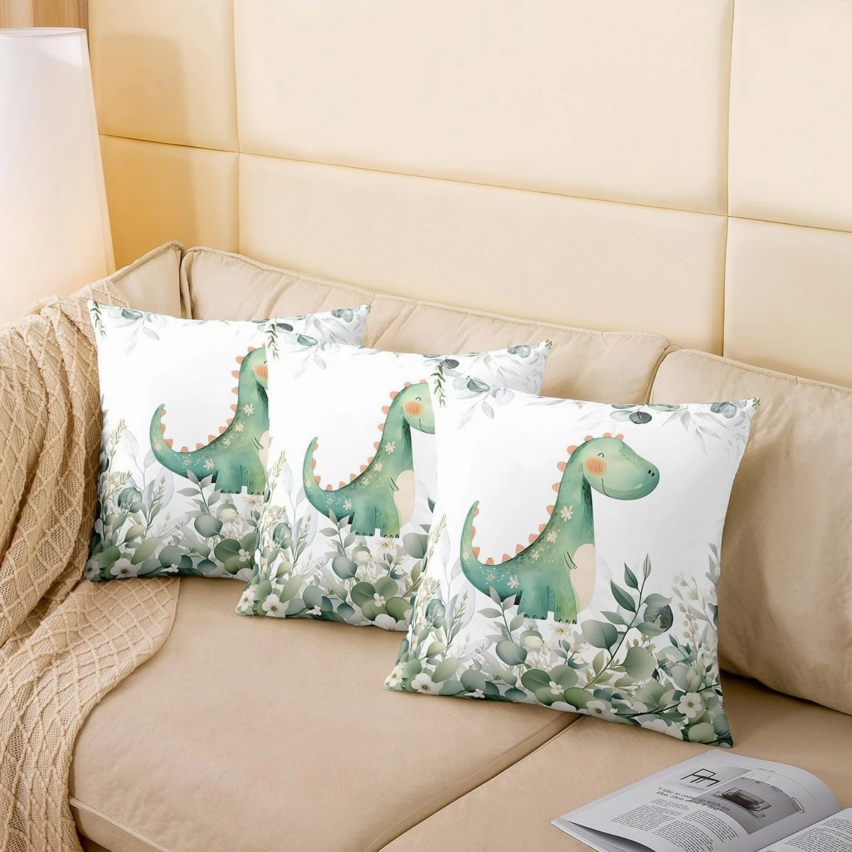 Erosebridal Pack of 2 Kids Cartoon Dinosaur Pillow Covers 18x18,Cute Magical Animal Throw Pillow Covers,Kawaii Theme Cushion Covers Rustic Farmhouse Botanical Floral Leaves Decorative Pillow Covers