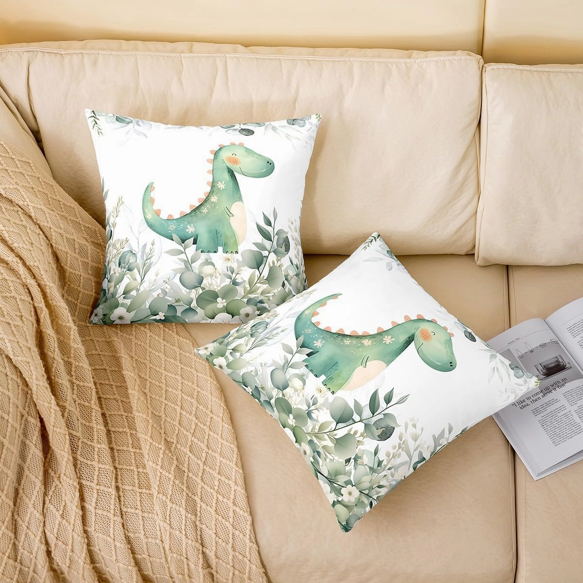Erosebridal Pack of 2 Kids Cartoon Dinosaur Pillow Covers 18x18,Cute Magical Animal Throw Pillow Covers,Kawaii Theme Cushion Covers Rustic Farmhouse Botanical Floral Leaves Decorative Pillow Covers