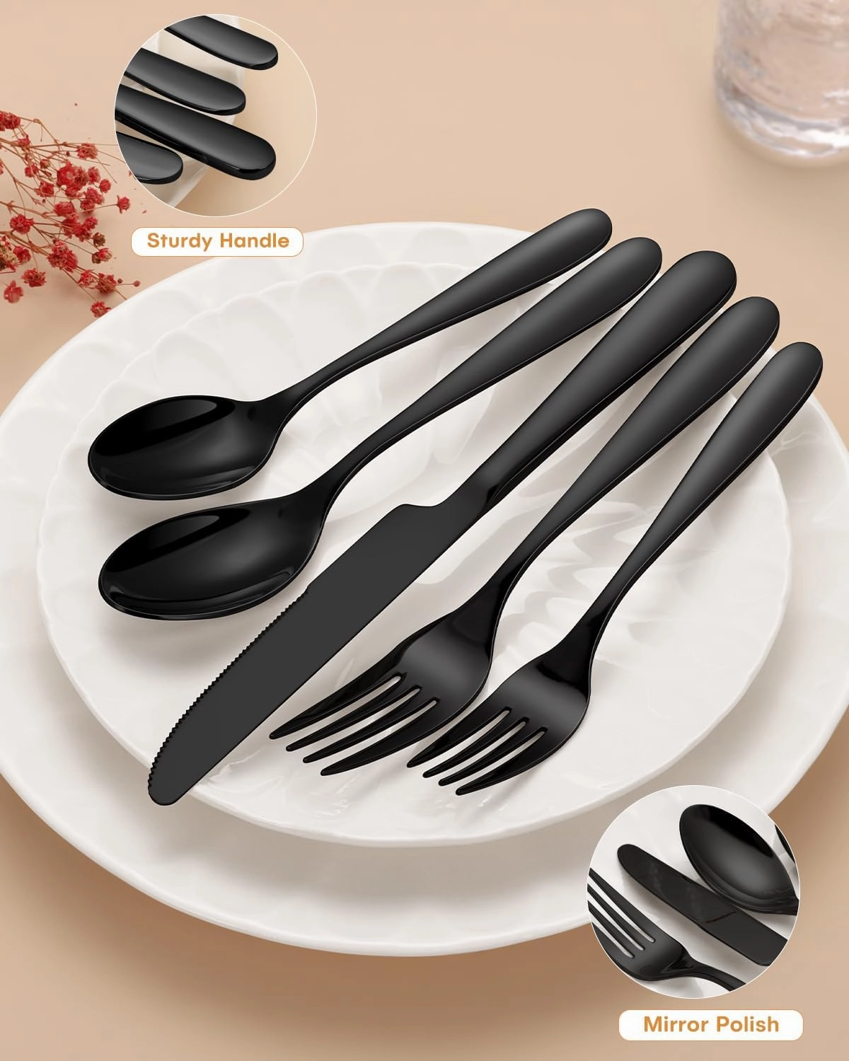 EUIRIO Black Silverware Set, 40-Piece Classic Cutlery Set for 8, Heavy Duty Stainless Steel Mirror Flatware Set, Food-Grade Utensil Sets Includes Spoons Forks and Knives, Dishwasher Safe