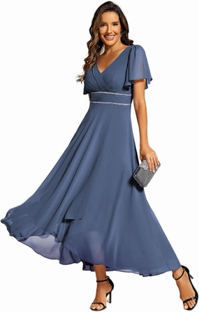 Ever-Pretty Women's Formal Dress V Neck Ruffles Sleeves Empire Waist A Line Pleated Chiffon Evening Dresses 41981