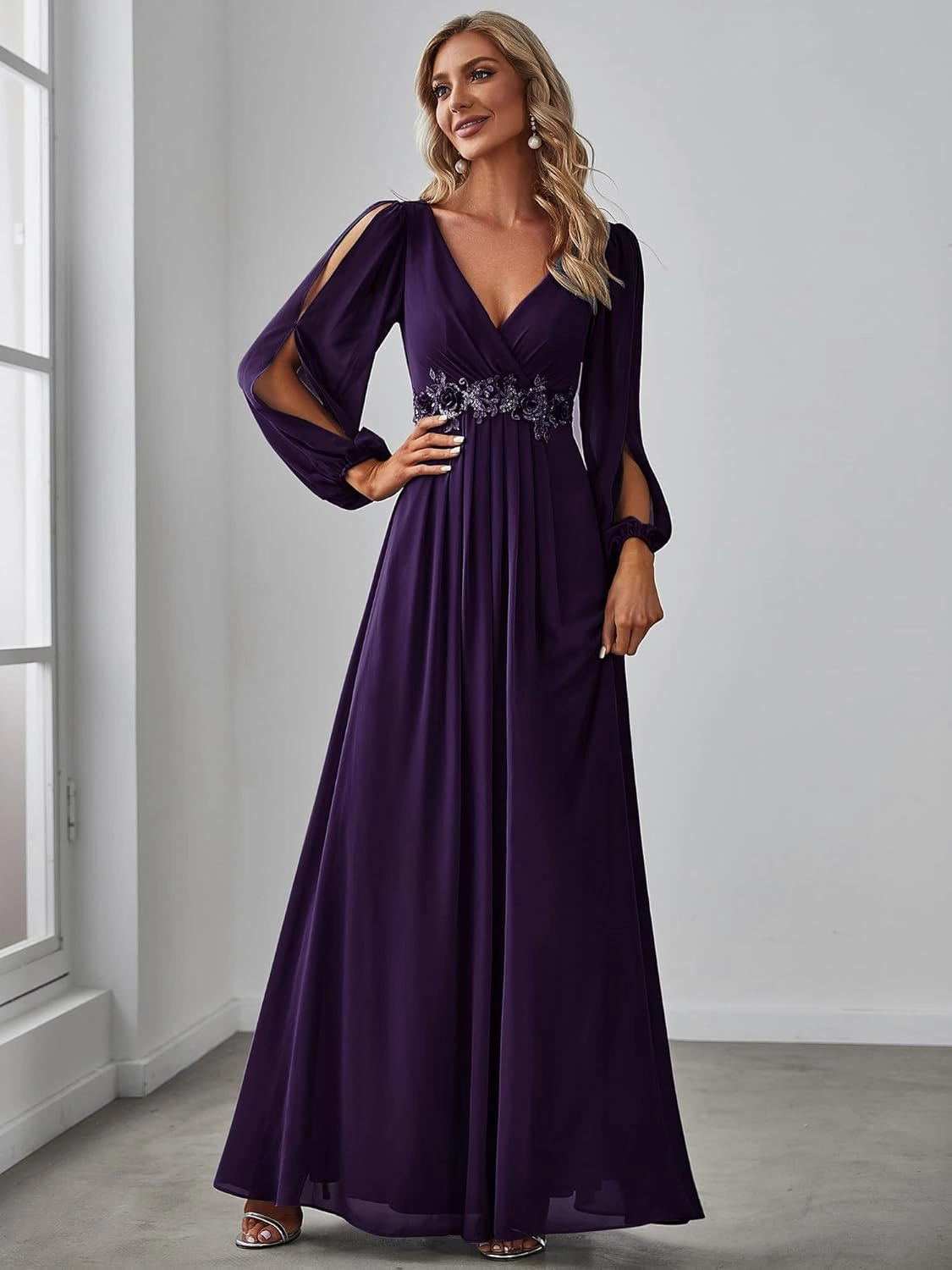Ever-Pretty Women's V Neck Long Sleeves Floor Length Ruched Chiffon Formal Dress 00461