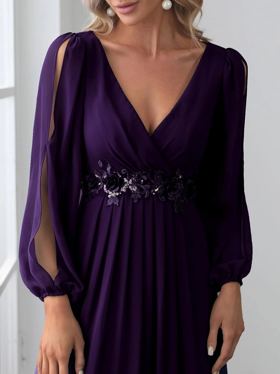 Ever-Pretty Women's V Neck Long Sleeves Floor Length Ruched Chiffon Formal Dress 00461