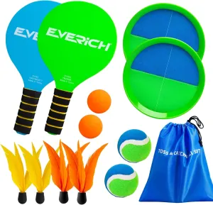 EVERICH Toss and Catch Ball Game Set & Paddle Ball Set, 4 Paddles 4 Balls 4 Birdies for Kids Teens Adults, Outdoor Indoor Beach Yard Lawn Toy Games for Family Fun, All-Season Play Birthday Easter Gift