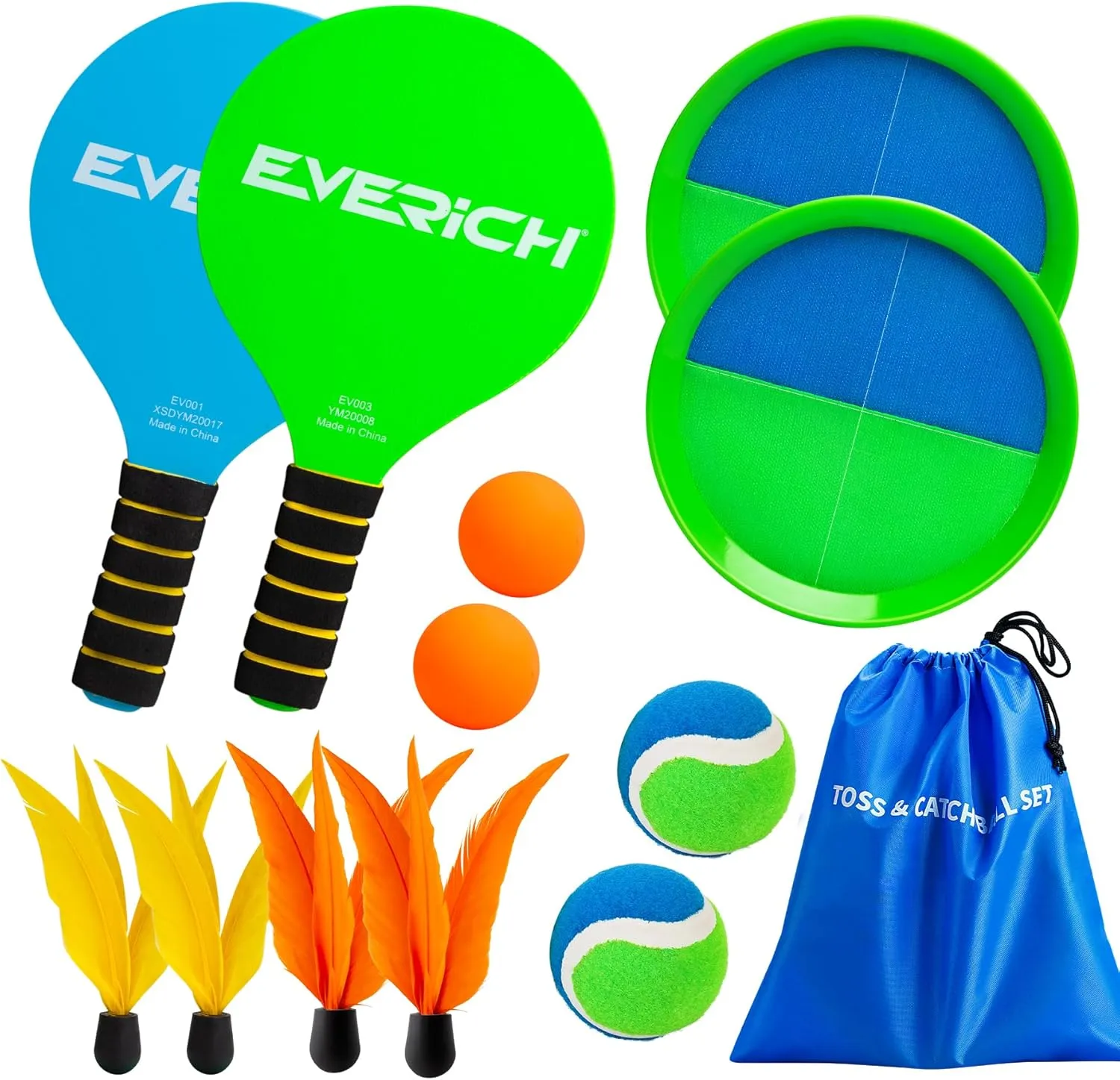 EVERICH Toss and Catch Ball Game Set & Paddle Ball Set, 4 Paddles 4 Balls 4 Birdies for Kids Teens Adults, Outdoor Indoor Beach Yard Lawn Toy Games for Family Fun, All-Season Play Birthday Easter Gift
