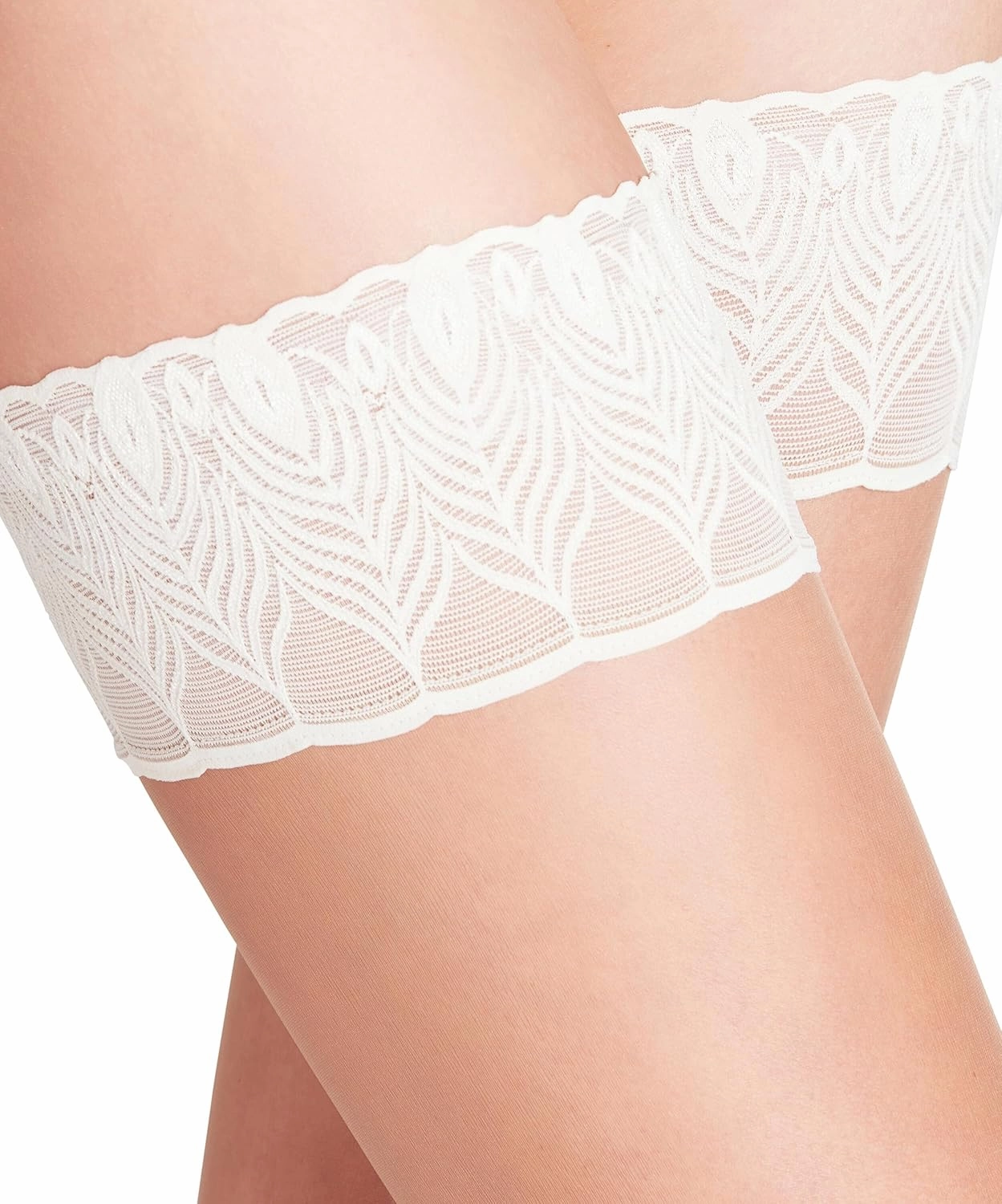 FALKE Women's Lunelle 8 Denier Thigh Highs, Non Slip Peacock Feather Lace Band, Ultra-Sheer Transparent, Nylon, Beige