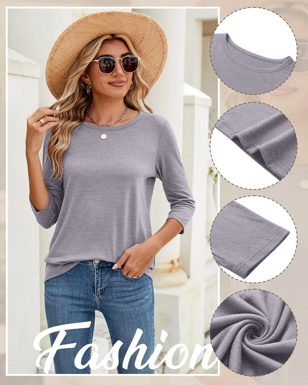 Ficerd 3 Pack 3/4 Sleeve Tops for Women Round Neck Dressy Basics Tees Casual Trendy Loose Fit T Shirts