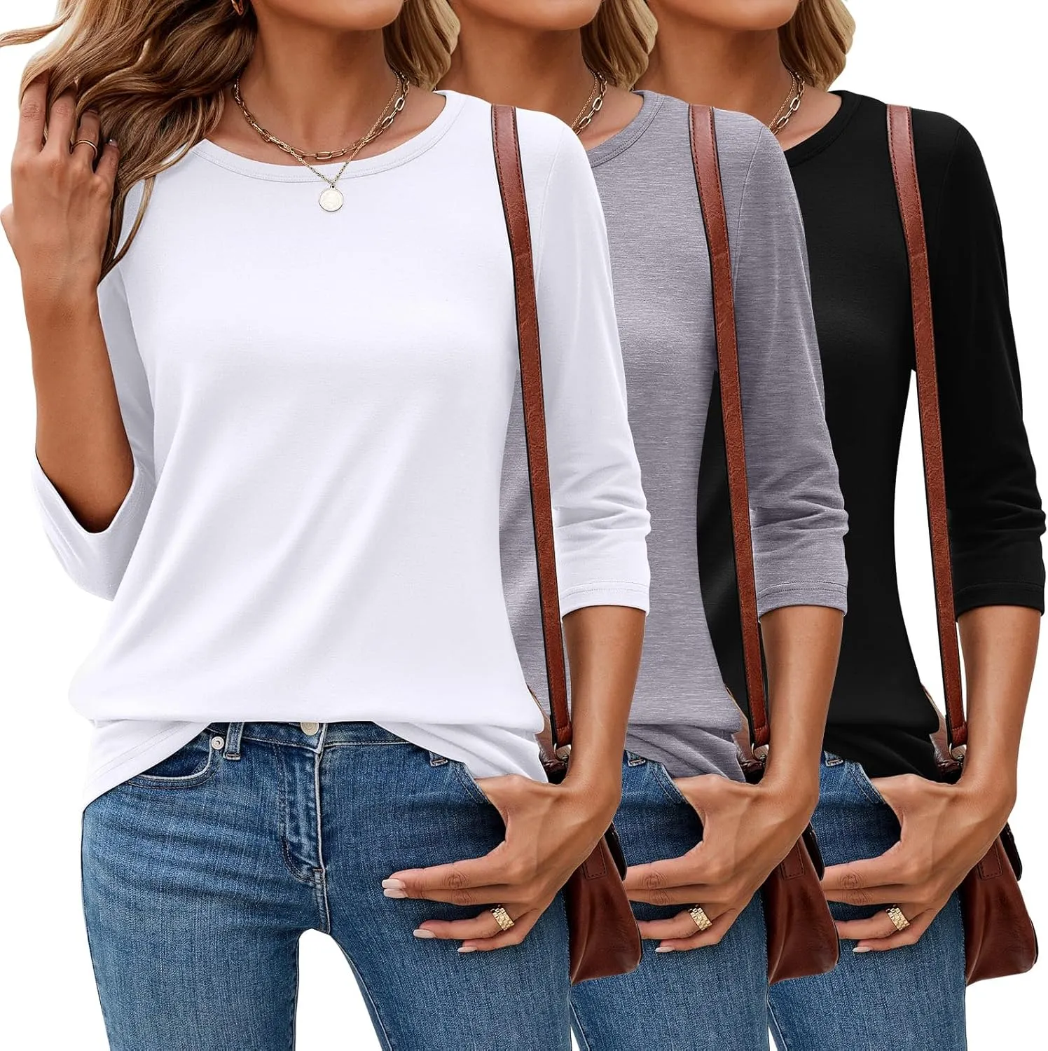 Ficerd 3 Pack 3/4 Sleeve Tops for Women Round Neck Dressy Basics Tees Casual Trendy Loose Fit T Shirts