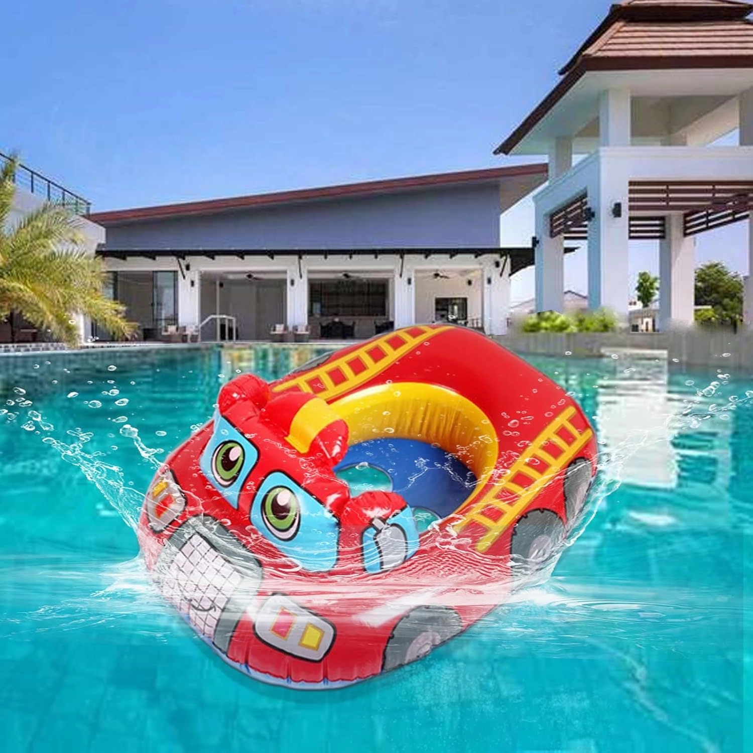 Fire Truck Baby Pool Float with Safty Seat Toddler Pool Swimming Tools Inflatabl Child Swim Floatie for 12 Months-5 Years