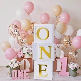 First Birthday Decorations for Girl Boy - 3pcs Stereoscopic Balloon Boxes with ONE Letters for Baby 1st Birthday Party Supplies, Baby Cube Blocks for ABC Photography Props Table Centerpiece