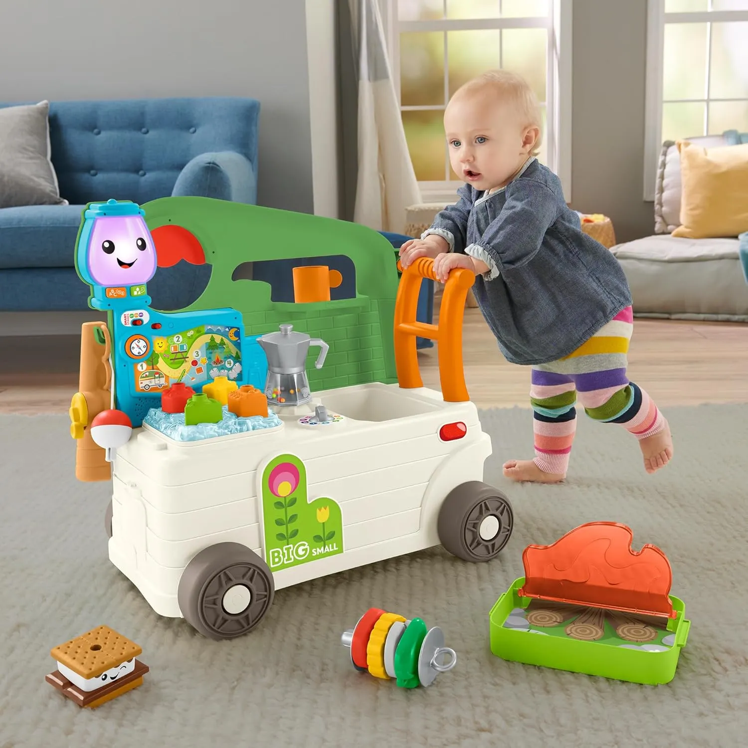 Fisher-Price Baby to Toddler Toy Laugh & Learn 3-in-1 On-the-Go Camper Walker & Activity Center with Smart Stages for Ages 9  Months​, Tan/Green