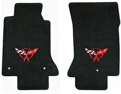 Fits 1997-2004 C5 Corvette Classic Loop Black Floor Mats Set Crossed Flags Logo in Red