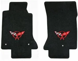 Fits 1997-2004 C5 Corvette Classic Loop Black Floor Mats Set Crossed Flags Logo in Red