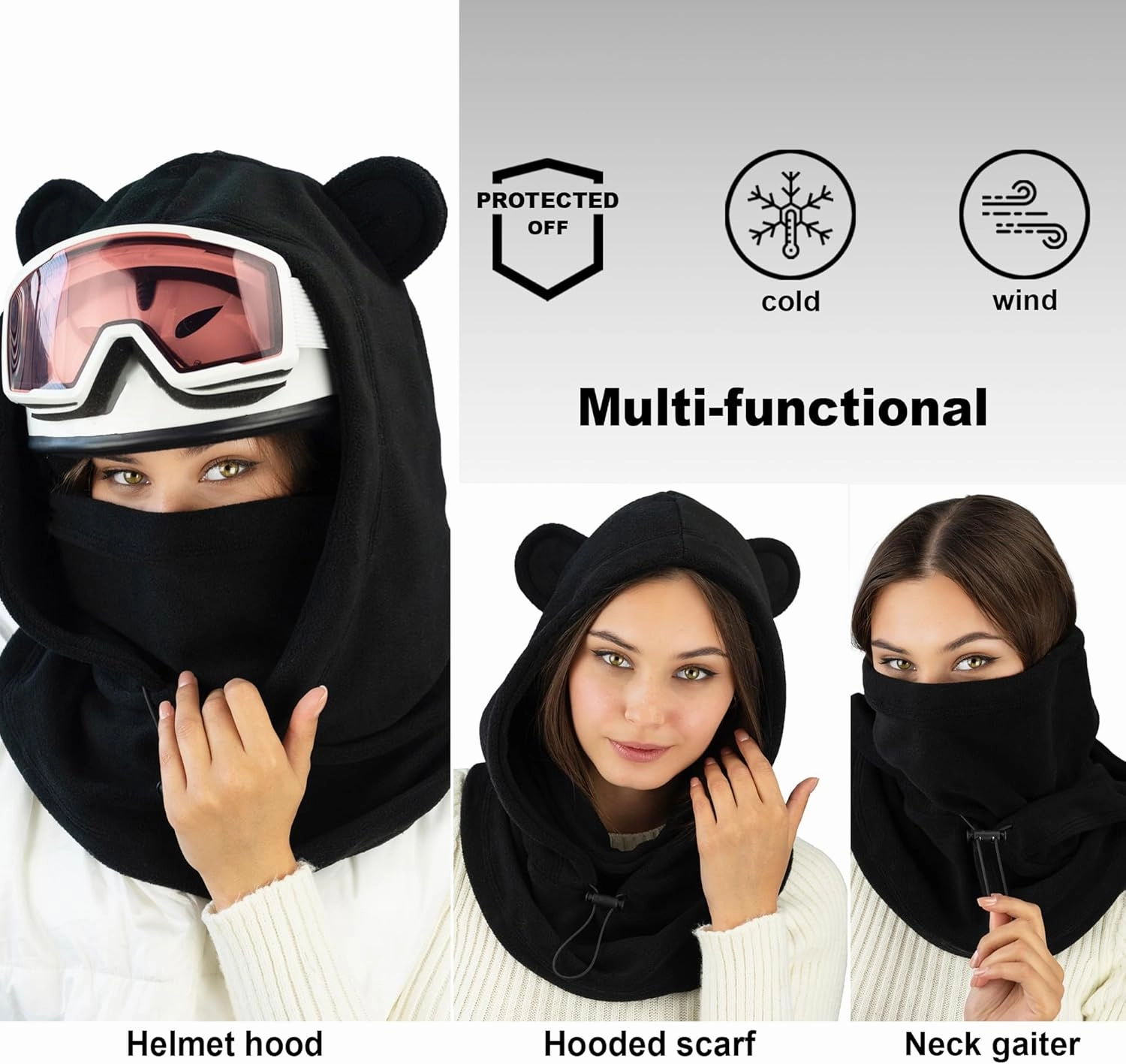Fleece Balaclava Over Helmet - Warm Helmet Ninja Hood - Snowboard Hooded Hat Neck Gaiter Ski Mask