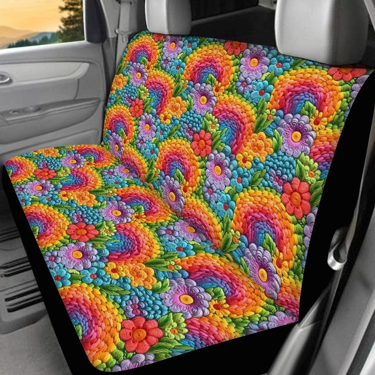 Floral Rainbows Faux Embroidery Car Seat Covers Full Set - CLEARANCE