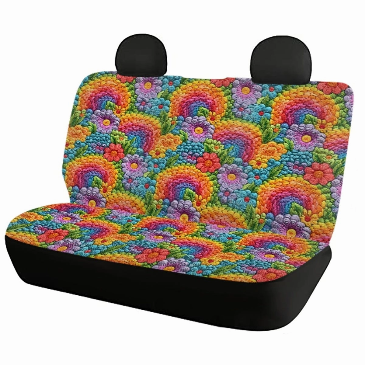 Floral Rainbows Faux Embroidery Car Seat Covers Full Set - CLEARANCE