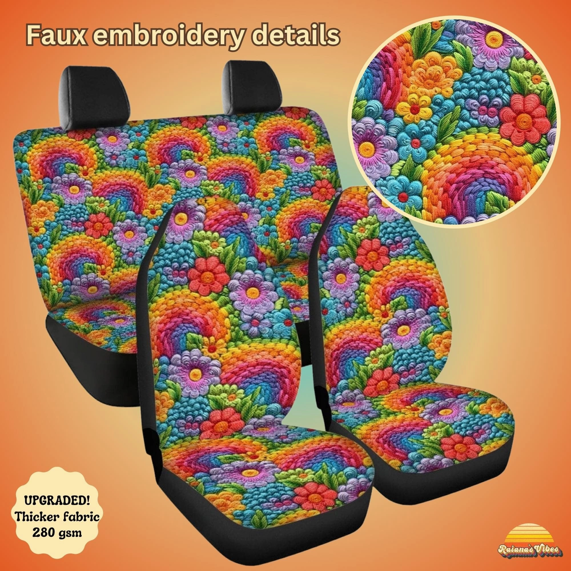 Floral Rainbows Faux Embroidery Car Seat Covers Full Set - CLEARANCE
