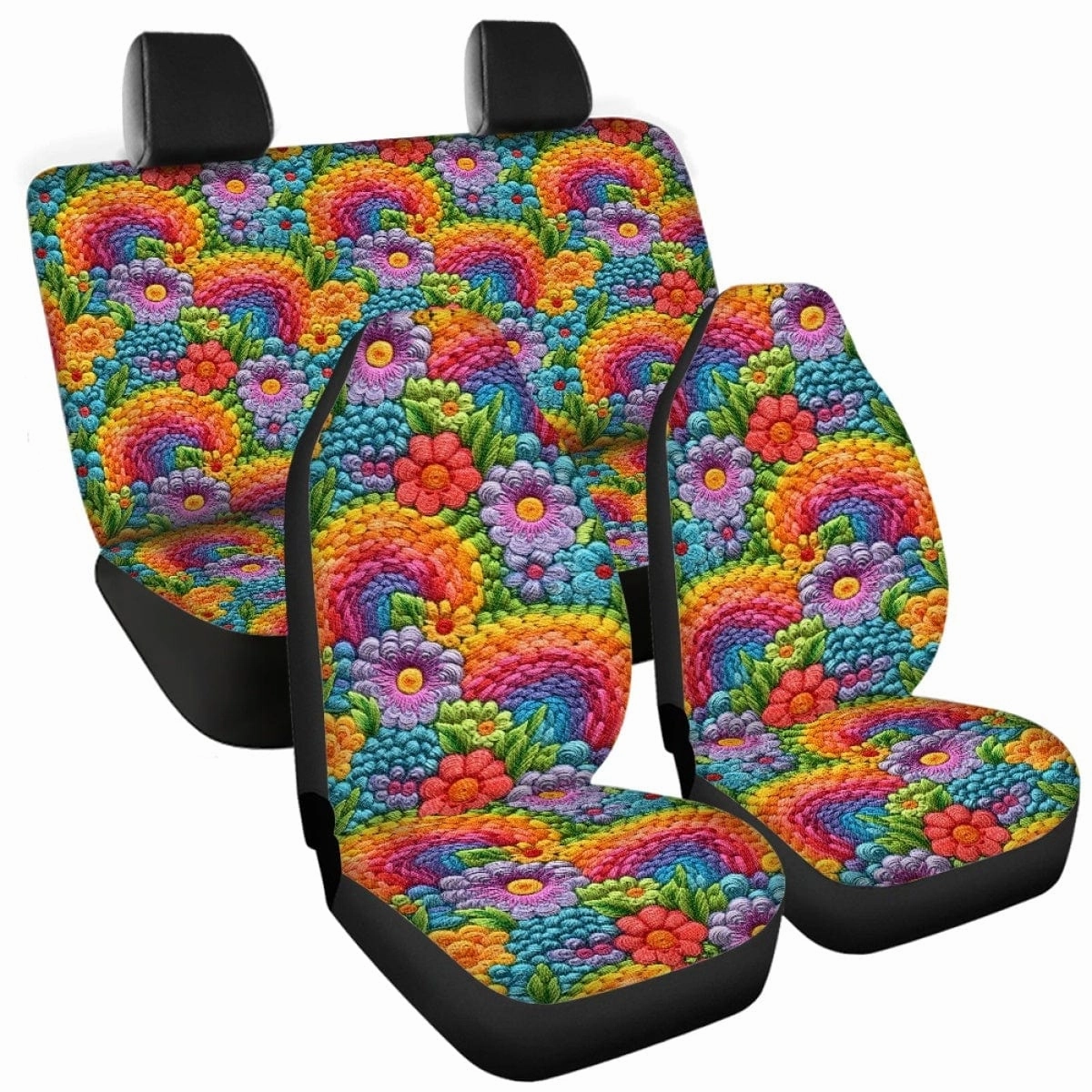 Floral Rainbows Faux Embroidery Car Seat Covers Full Set - CLEARANCE