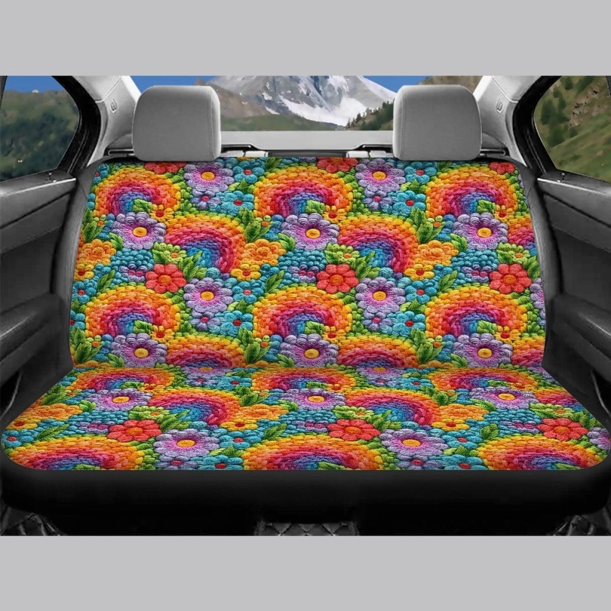Floral Rainbows Faux Embroidery Car Seat Covers Full Set - CLEARANCE