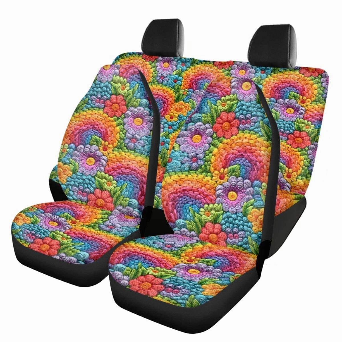 Floral Rainbows Faux Embroidery Car Seat Covers Full Set - CLEARANCE
