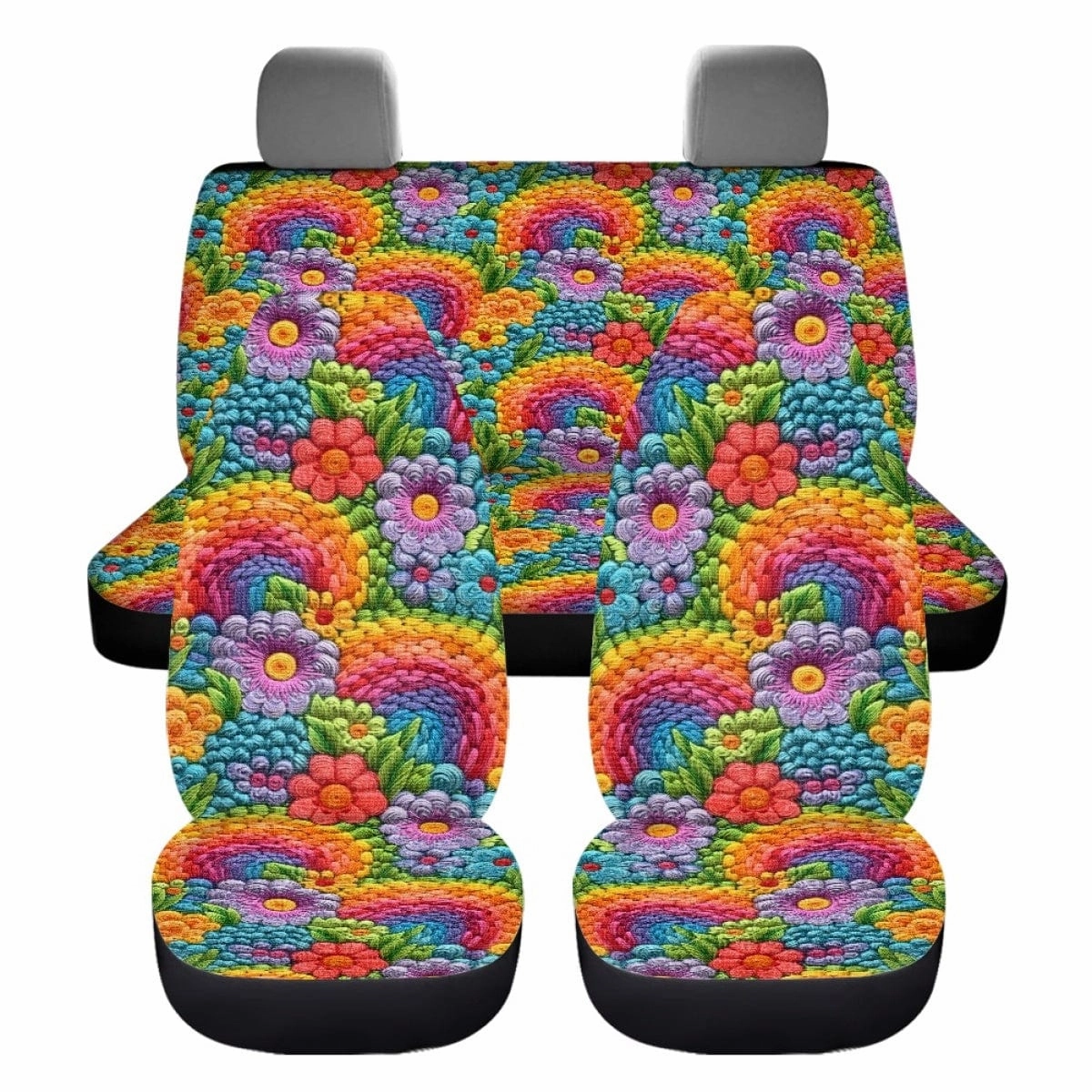 Floral Rainbows Faux Embroidery Car Seat Covers Full Set - CLEARANCE