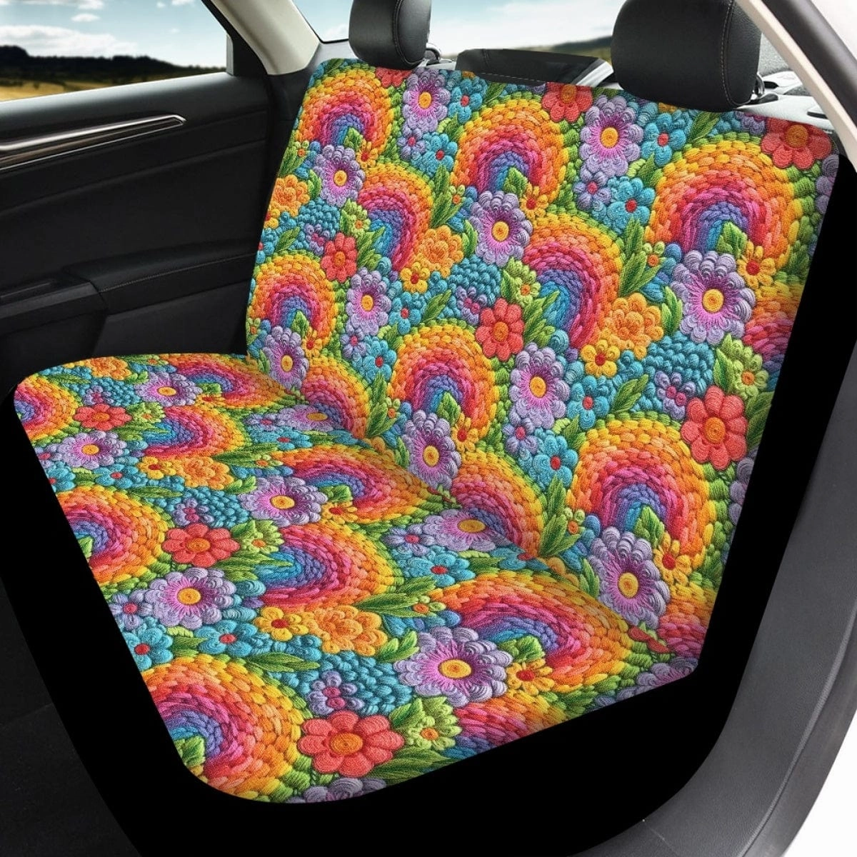 Floral Rainbows Faux Embroidery Car Seat Covers Full Set - CLEARANCE