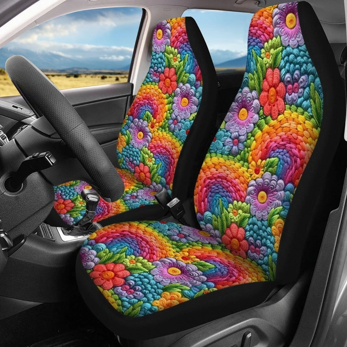 Floral Rainbows Faux Embroidery Car Seat Covers Full Set - CLEARANCE