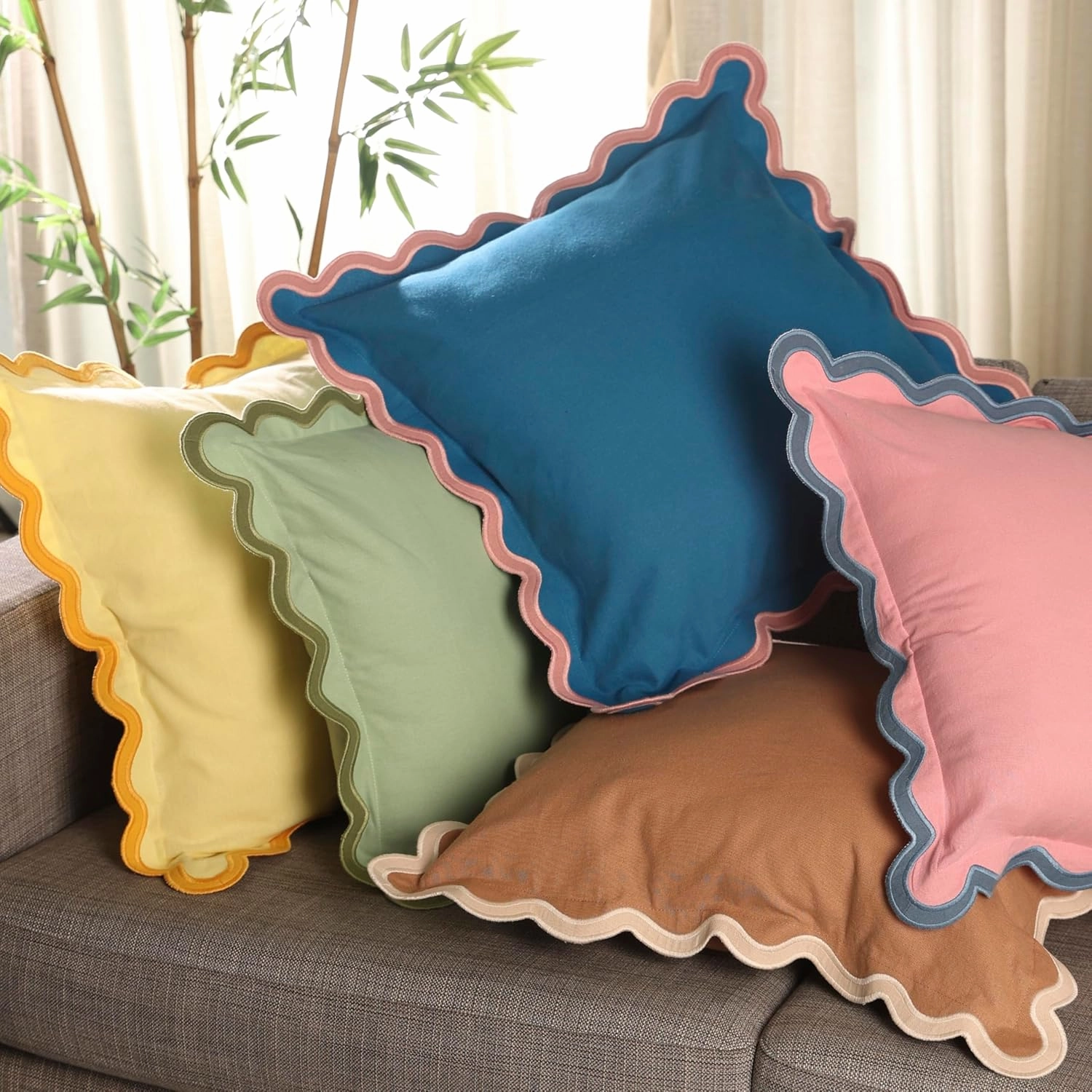 Folkulture Throw Pillow Covers | Set of 2 (18 x 18) Scalloped Pillow Cover | Decorative Pillows or Cute Outdoor Pillows | Boho Throw Pillows for Couch | Green Pillow Covers for Living Room