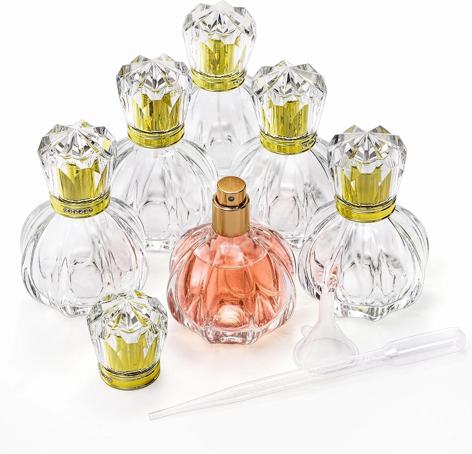 Foraineam 6 Pack 50ML / 1.7oz Glass Spray Bottles Pumpkin Shape Refillable Fine Mist Spray Perfume Bottle, Empty Crystal Glass Fragrance Atomizer Bottle with Droppers and Funnels