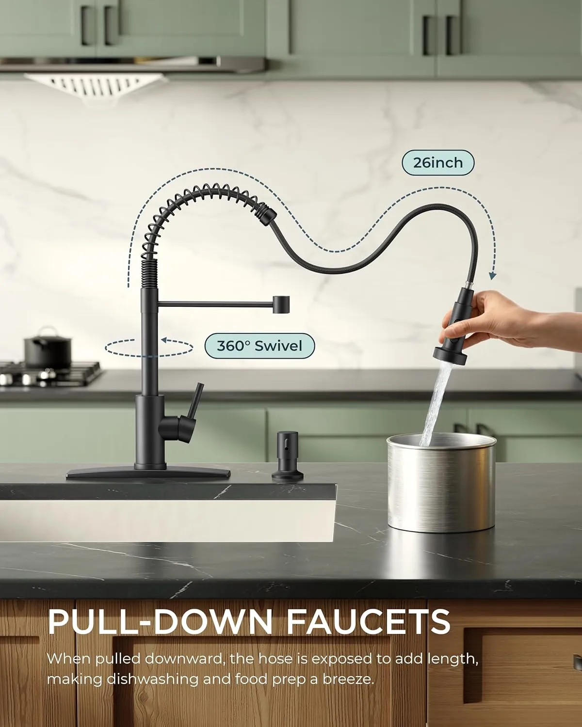 FORIOUS Black Kitchen Sink Faucet with Pull Down Sprayer, Stainless Steel Commercial Single Handle Classic Spring Pull Out Sink Faucet for Farmhouse Camper Laundry Utility Room