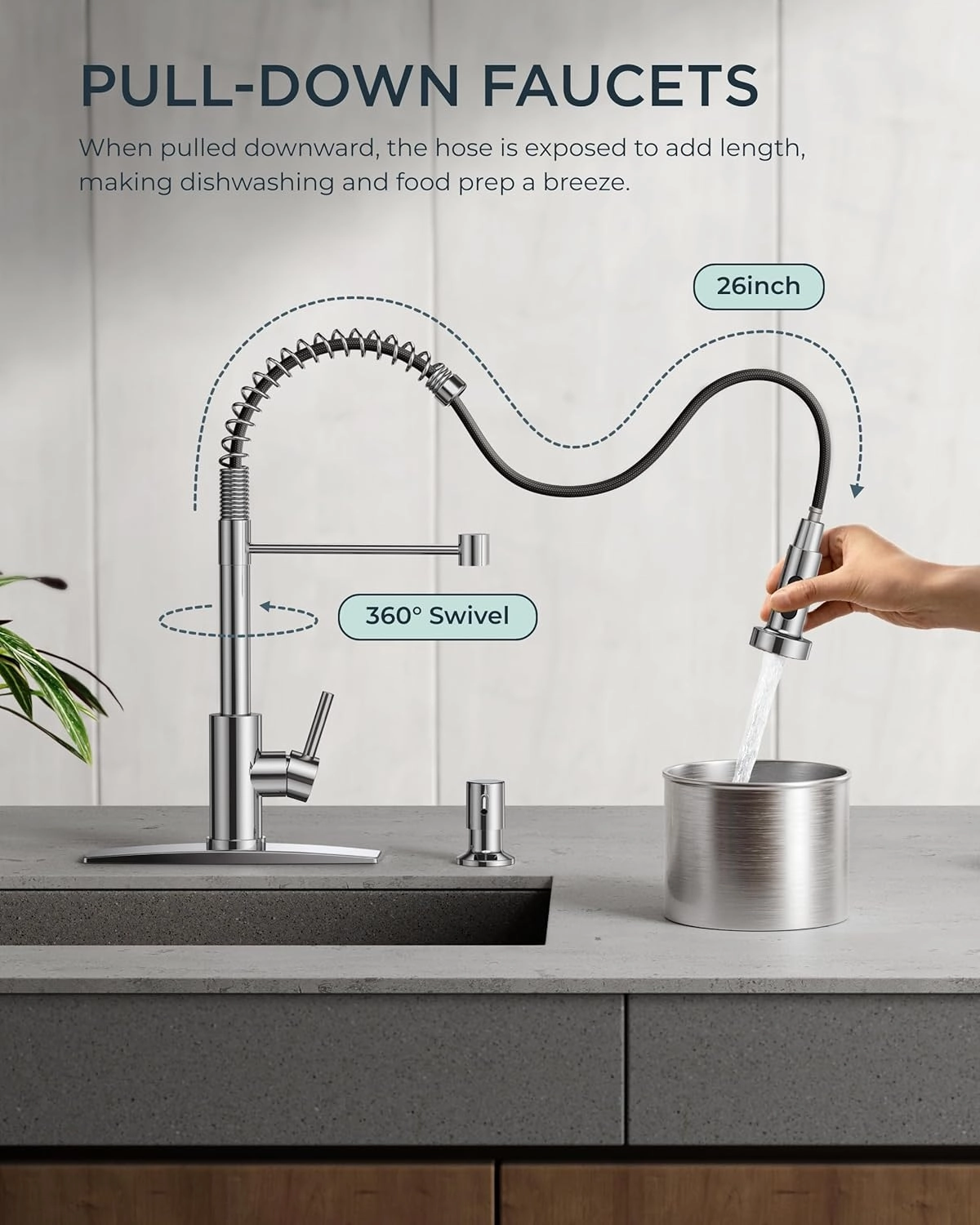 FORIOUS Kitchen Faucets, Chrome Kitchen Sink Faucet with Pull Down Sprayer, Commercial Kitchen Faucet Stainless Steel, Classic Single Handle Pull Out Sink Faucets for Farmhouse RV Laundry Utility Room