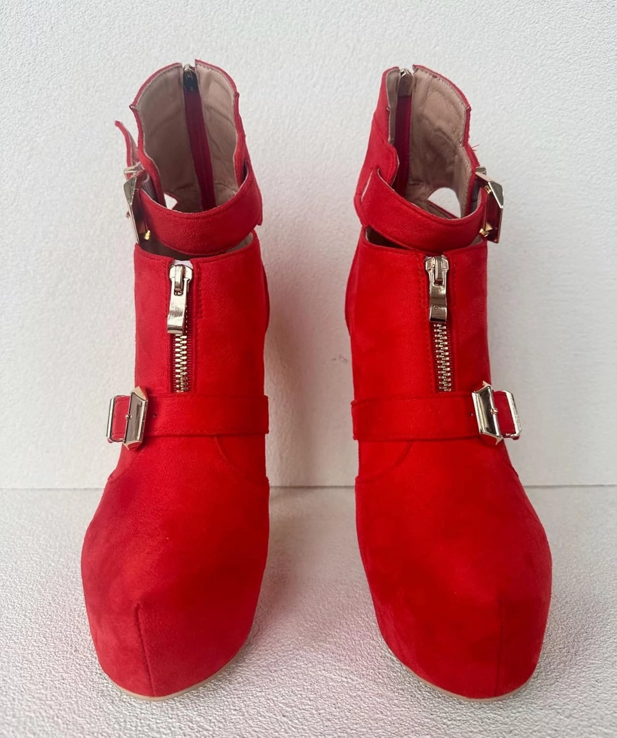 Frankie Hsu Sexy Unisex Classic Stiletto Platform High Heeled Bootie, Red Faux Suede Classic Fashion Style, Big Large US4-19 Size Buckle Strap Suitable Ankle Boots For Women Men