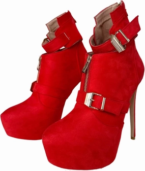 Frankie Hsu Sexy Unisex Classic Stiletto Platform High Heeled Bootie, Red Faux Suede Classic Fashion Style, Big Large US4-19 Size Buckle Strap Suitable Ankle Boots For Women Men