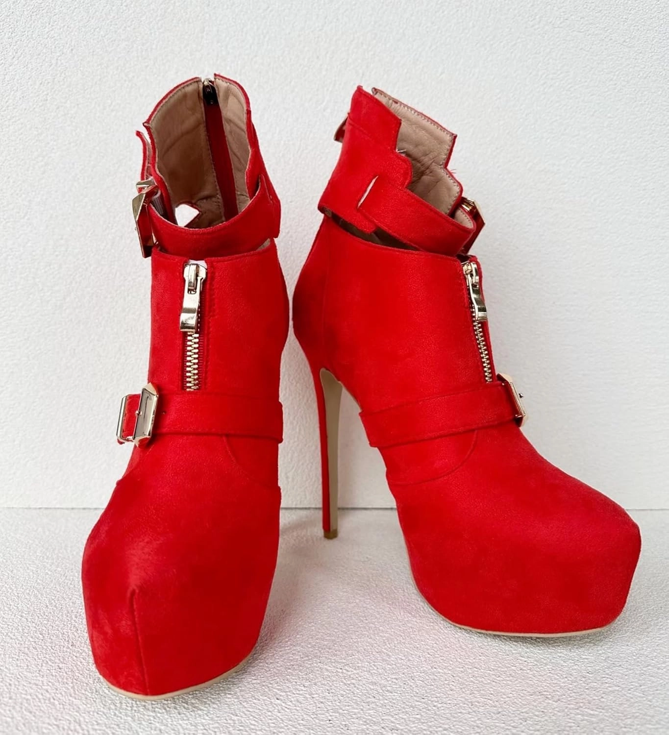 Frankie Hsu Sexy Unisex Classic Stiletto Platform High Heeled Bootie, Red Faux Suede Classic Fashion Style, Big Large US4-19 Size Buckle Strap Suitable Ankle Boots For Women Men
