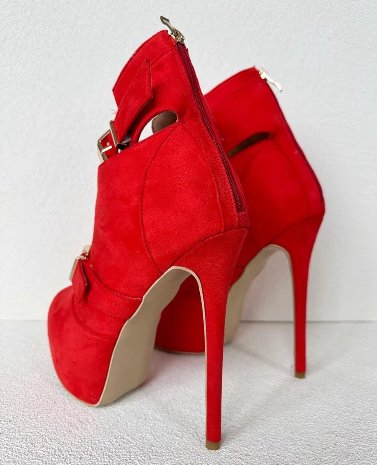 Frankie Hsu Sexy Unisex Classic Stiletto Platform High Heeled Bootie, Red Faux Suede Classic Fashion Style, Big Large US4-19 Size Buckle Strap Suitable Ankle Boots For Women Men