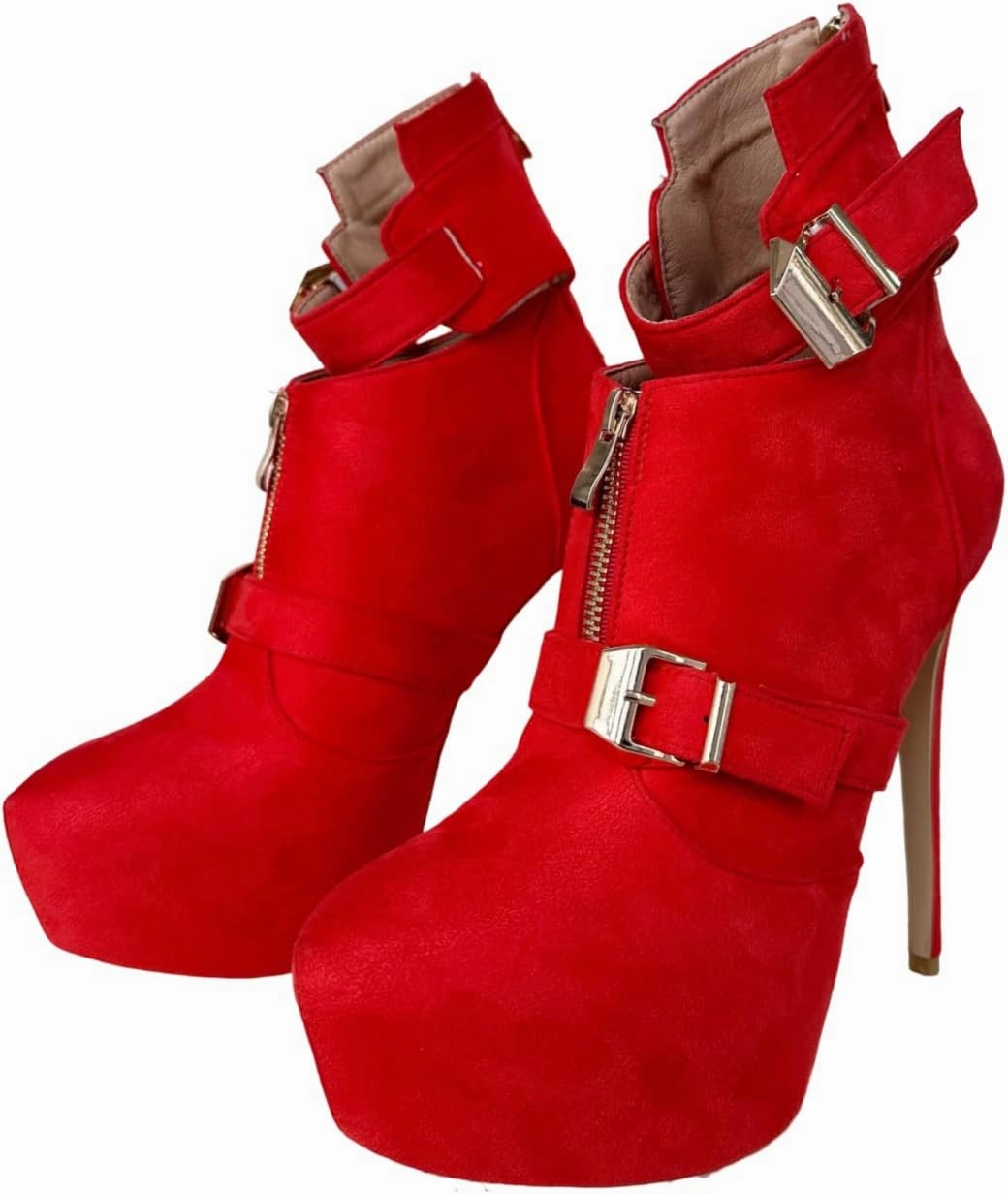 Frankie Hsu Sexy Unisex Classic Stiletto Platform High Heeled Bootie, Red Faux Suede Classic Fashion Style, Big Large US4-19 Size Buckle Strap Suitable Ankle Boots For Women Men