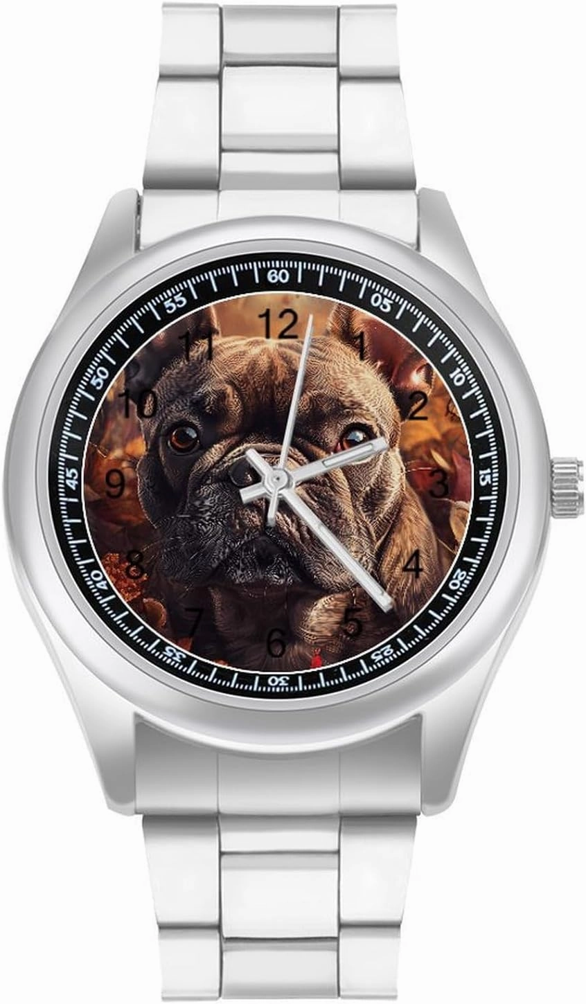 French Bull Dog Autumn Leaves Casual Wrist Watches for Men Classic Business Dress Watch Big Face for Work Gym