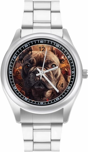 French Bull Dog Autumn Leaves Casual Wrist Watches for Men Classic Business Dress Watch Big Face for Work Gym