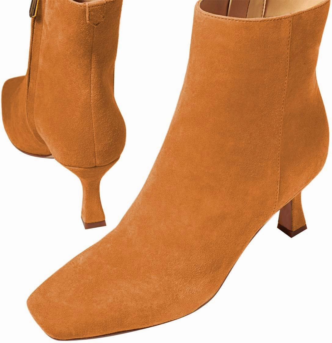 FSJ Women Comfy Zipper Medium Spool Heels Square Toe Classic Pull On Office Boots Size 4-15 M US