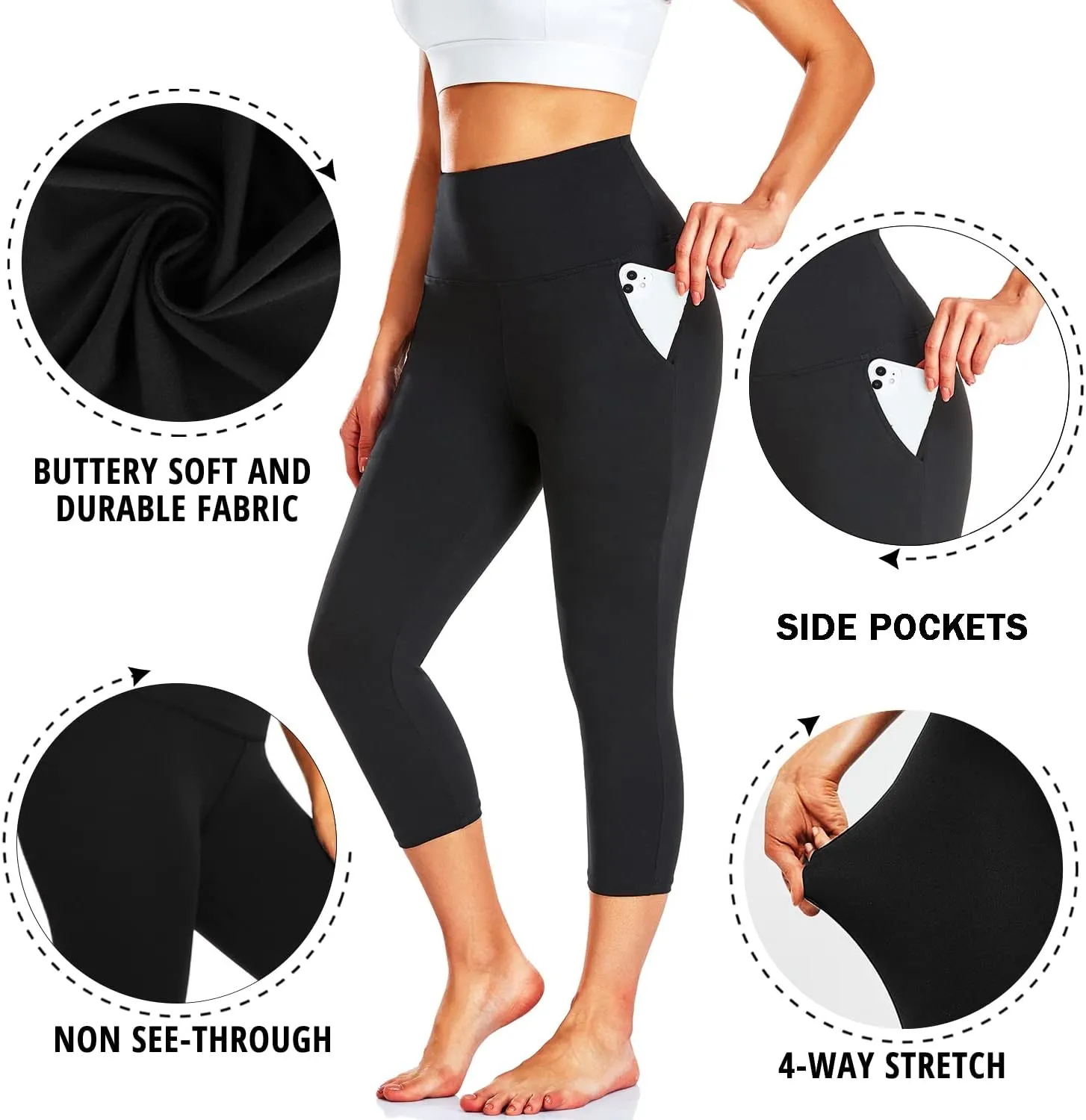 FULLSOFT 3 Pack Capri Leggings for Women - High Waisted Tummy Control Black Workout Yoga Pants