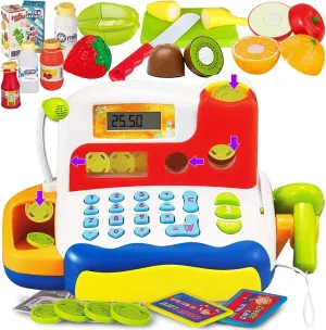FUNERICA Toy Cash Register - with Large Interactive Coins Great for Toddlers - Scanner, Microphone, Calculator. Includes Grocery Food, Cuttable Fruit, Pretend Play Money - for Toddlers and Kids