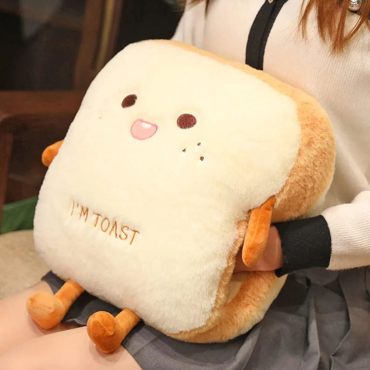 Funny Toast Plush Travel Pillow Hand Warmer Nap Pillow Cute Plush Bread Toy Soft Washable Seat Cushion Pad for Car, Office and Home, Happy
