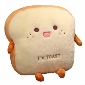 Funny Toast Plush Travel Pillow Hand Warmer Nap Pillow Cute Plush Bread Toy Soft Washable Seat Cushion Pad for Car, Office and Home, Happy