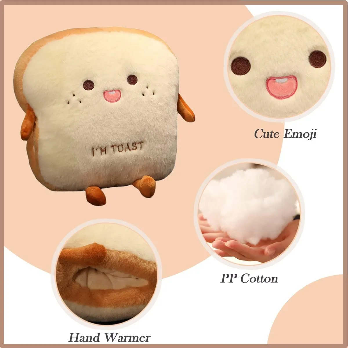 Funny Toast Plush Travel Pillow Hand Warmer Nap Pillow Cute Plush Bread Toy Soft Washable Seat Cushion Pad for Car, Office and Home, Happy